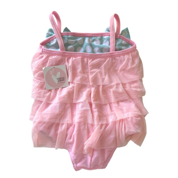 NWT FrouFrou Pink Tutu Ruffles and Mint Green Polka Dot Bows Swimsuit 4T - Picture 3 of 8